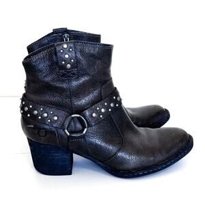 Born Leather Harness Womens Ankle Boots Size 8.5 Green Studded Western Biker